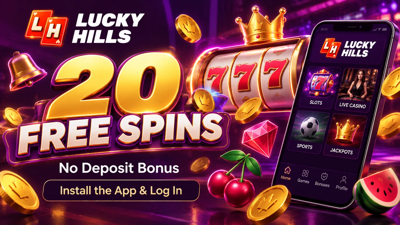 Lucky Hills no deposit bonus of 20 free spins for installing the app